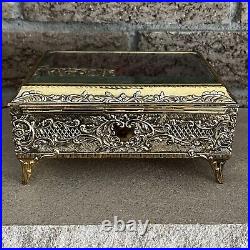 Gold Metal Filigree Automation Moving Enamel Butterfly Music Jewelry Box Japan