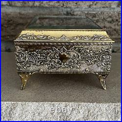 Gold Metal Filigree Automation Moving Enamel Butterfly Music Jewelry Box Japan