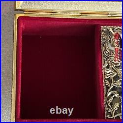 Gold Metal Filigree Automation Moving Enamel Butterfly Music Jewelry Box Japan