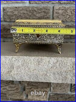 Gold Metal Filigree Automation Moving Enamel Butterfly Music Jewelry Box Japan