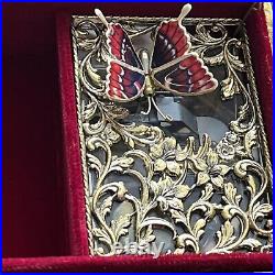 Gold Metal Filigree Automation Moving Enamel Butterfly Music Jewelry Box Japan