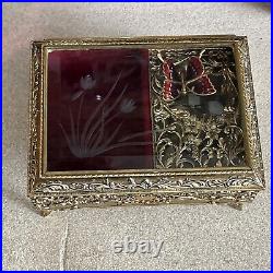 Gold Metal Filigree Automation Moving Enamel Butterfly Music Jewelry Box Japan