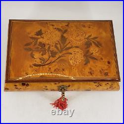 Italian Burl wood Flower Inlay Jewelry Music Box Reuge Swiss Movement w key