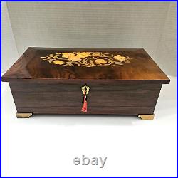 Italian Hand Crafted Inlaid Wood Reuge Swiss Music Jewelry Box with Lock and Key