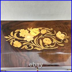 Italian Hand Crafted Inlaid Wood Reuge Swiss Music Jewelry Box with Lock and Key