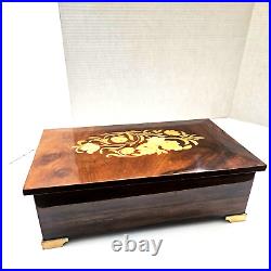 Italian Hand Crafted Inlaid Wood Reuge Swiss Music Jewelry Box with Lock and Key