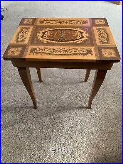 Italian Wood Inlay FLORENTINA Musical Jewelry Box Side Table with removable legs