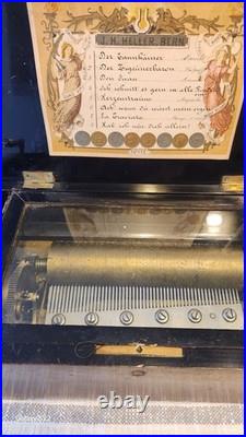 JH Heller Antique Swiss Columbia 8 Tune 4 Cylinder Music Box Works