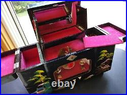 Japanese Hand Painted Black Lacquered Music Jewelry Box Spinning Ballerina