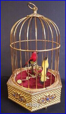 Jeweled Mechanical Automaton 2 Bird Birdcage Singing Music Box Eschel As Is