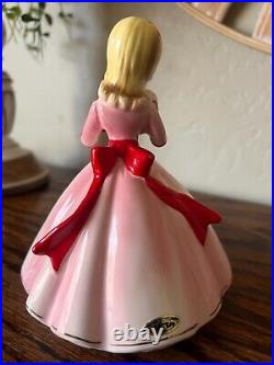 Josef Originals Figurine Music Box Lady with Puppy Pink Dress Red Gloves Roses
