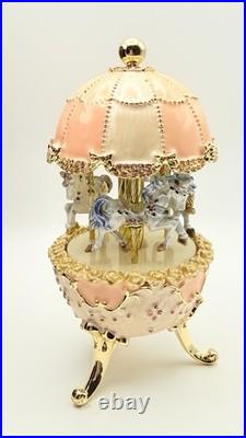 Keren Kopal Carousel Faberge Egg Pink Music Box Wind Up Horses E1300 SOLD OUT