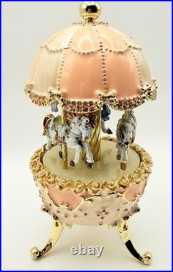Keren Kopal Carousel Faberge Egg Pink Music Box Wind Up Horses E1300 SOLD OUT