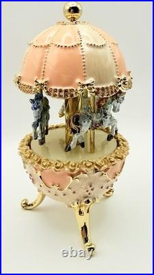 Keren Kopal Carousel Faberge Egg Pink Music Box Wind Up Horses E1300 SOLD OUT