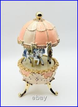 Keren Kopal Carousel Faberge Egg Pink Music Box Wind Up Horses E1300 SOLD OUT