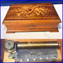 Key Wind SWISS REUGE cylinder music box, Airs Song, Walnut & Glass Case