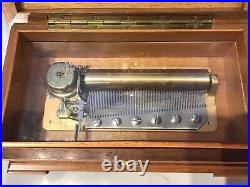 Key Wind SWISS REUGE cylinder music box, Airs Song, Walnut & Glass Case