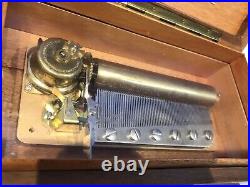 Key Wind SWISS REUGE cylinder music box, Airs Song, Walnut & Glass Case