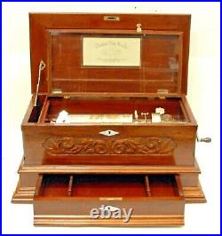 LARGE ANTIQUE SWISS CYLINDER MUSIC BOX MAHOGANY CASE With 3 CYLINDER DRAWER