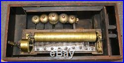 Large Antique Cylinder Music Box with 6 Bells for Restoration or Parts