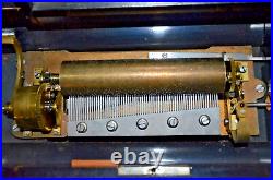 Large Antique Swiss cylinder music box, 6 Airs Song, walnut Case- Plays Great