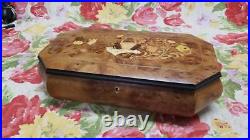 Large Italian burl wood inlay musical jewelry box. Plays Edelweiss FREE SHIP