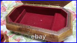 Large Italian burl wood inlay musical jewelry box. Plays Edelweiss FREE SHIP