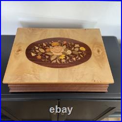 Large Italian burl wood inlay musical jewelry box. Plays La Polonaise Chopin