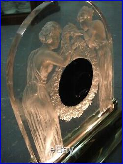 Large hand Signed R. Lalique ART NOUVEAU NYMPH FLAPPER glass desk lamp Cracked