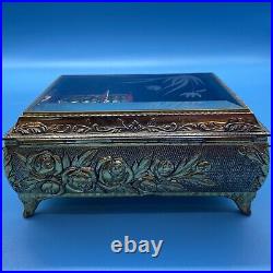 Linden Gold-Tone Music/Jewelry Box withBeveled/Etched Glass Animated Butterfly