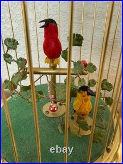 Mid-Century German Singing Bird Automaton Brass Cage Two Birds Working BOX