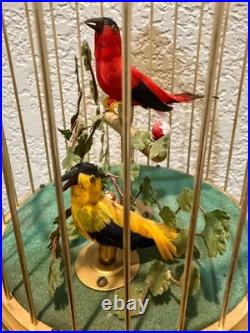 Mid-Century German Singing Bird Automaton Brass Cage Two Birds Working BOX