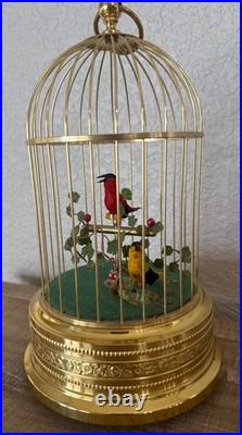 Mid-Century German Singing Bird Automaton Brass Cage Two Birds Working BOX