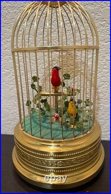 Mid-Century German Singing Bird Automaton Brass Cage Two Birds Working BOX