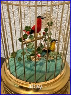 Mid-Century German Singing Bird Automaton Brass Cage Two Birds Working BOX