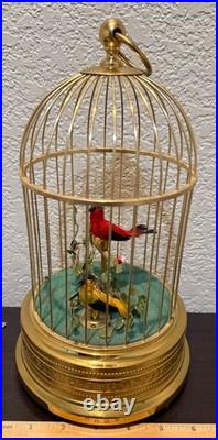 Mid-Century German Singing Bird Automaton Brass Cage Two Birds Working BOX