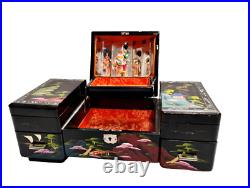 Mid Century Spinning Japanese Geisha Mirrored Tiered Lacquer Jewelry Music Box