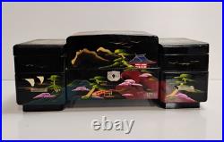 Mid Century Spinning Japanese Geisha Mirrored Tiered Lacquer Jewelry Music Box
