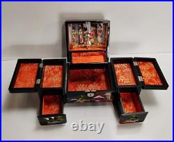 Mid Century Spinning Japanese Geisha Mirrored Tiered Lacquer Jewelry Music Box