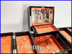 Mid Century Spinning Japanese Geisha Mirrored Tiered Lacquer Jewelry Music Box