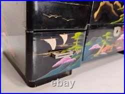 Mid Century Spinning Japanese Geisha Mirrored Tiered Lacquer Jewelry Music Box