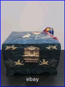 Mother Of Pearl Music Jewelry Box Blue Birds Korean Lock & Key Red Velvet