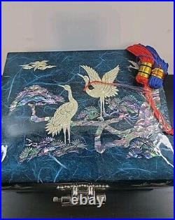 Mother Of Pearl Music Jewelry Box Blue Birds Korean Lock & Key Red Velvet