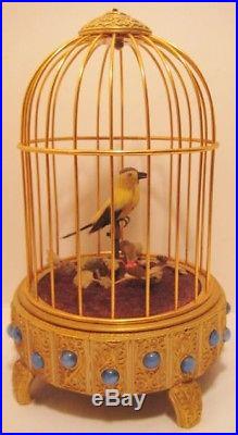 Old French or German Automaton Wind Up Brass Jeweled Birdcage with Moving Bird