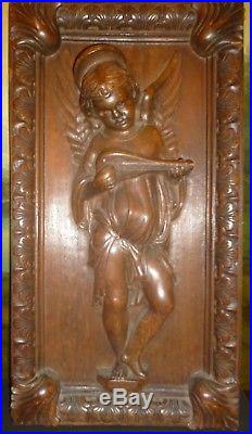PAIR Antique Carved Rococo Cherubs Black Forest Santo Music 19th Century Panels