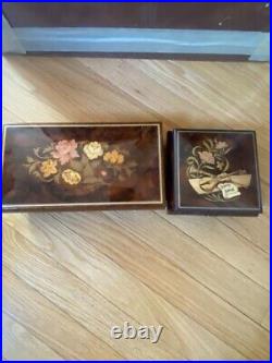 Pair Vintage Inlaid Wood Reuge Swiss Jewelry Music Boxes