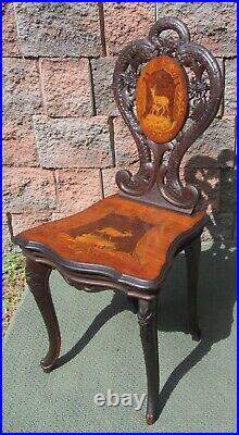 RARE Antique Victorian Black Forest Carved Wood Inlay Musical Music Box Chair