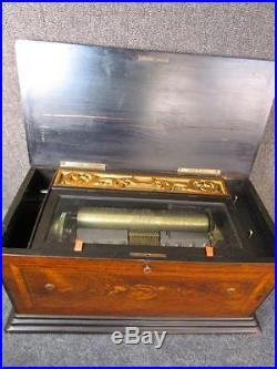 RARE MODEL ANTIQUE 1890 SWISS CYLINDER MUSIC BOX with REED ORGAN, 2 COMBS