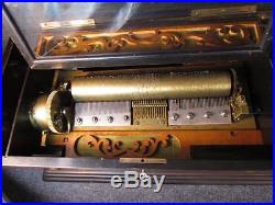 RARE MODEL ANTIQUE 1890 SWISS CYLINDER MUSIC BOX with REED ORGAN, 2 COMBS
