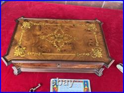 RARE REUGE INLAY FLORAL FOOTED MUSIC BOX HUNGARIAN RHAPSODY in Original Box